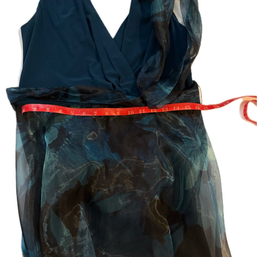 Eliza J Teal Floral Chiffon Ball Gown | Size 12 | Sleeveless V-Neck - Picture 7 of 12
